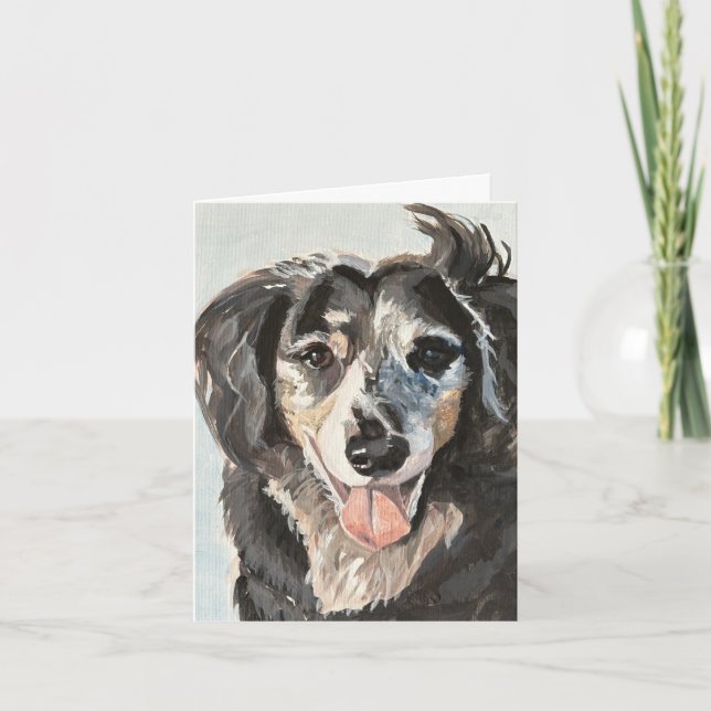 Long-Haired Dachshund Hand-Painted on Canvas Note Card (Front)