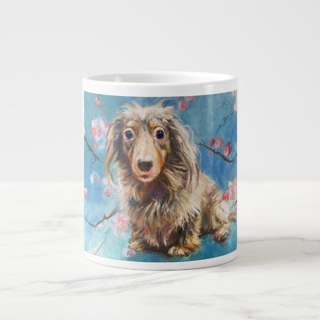 Long-Haired Dachshund in Cherry Blossoms  Giant Coffee Mug (Front)
