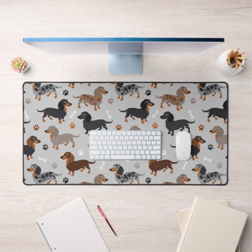 Long haired Dachshund Paws and Bones Pattern Desk Mat