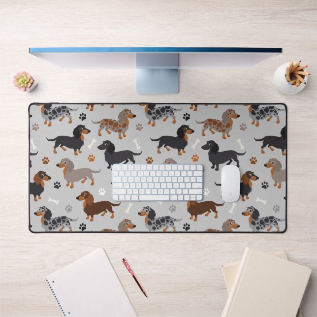 Long haired Dachshund Paws and Bones Pattern Desk Mat (Office 1)