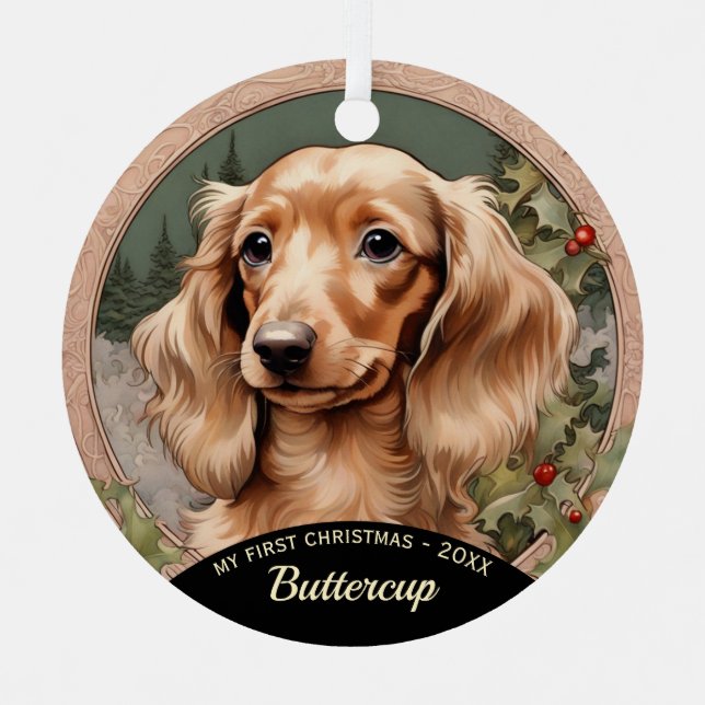 Long Haired Dachshund Puppy's First Christmas Metal Ornament (Front)
