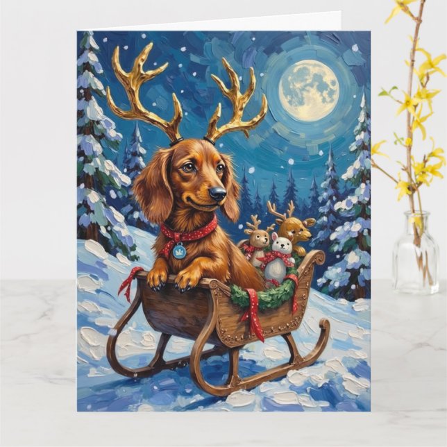Long-Haired Dachshund Reindeer Sleigh Card (Yellow Flower)