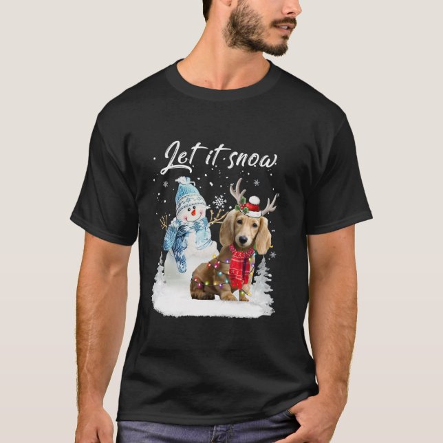 Long Haired Dachshund Santa Dog Christmas Snowman  T-Shirt (Front)