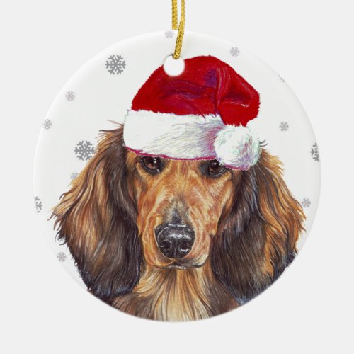 Long Haired Dachshund _ Santa Hat Christmas Bauble Ceramic Ornament