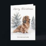 Long Haired Dachshund Sausage Dog Merry Christmas Holiday Card<br><div class="desc">Send seasonal greetings with this delightful doxie-themed Christmas card. The design features a watercolor-style illustration of an adorable long-haired dachshund, in a winter wonderland of snow and evergreen trees. The words 'Merry Christmas' appear above the picture, while inside the card is the greeting 'With best wishes for Christmas and the...</div>