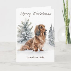 Long Haired Dachshund Sausage Dog Merry Christmas Holiday Card