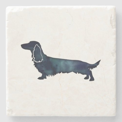 Long Haired Dachshund Silhouette Black Watercolor Stone Coaster