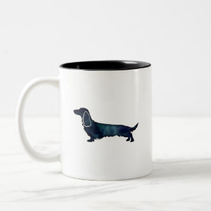 Long Haired Dachshund Silhouette Black Watercolor Two-Tone Coffee Mug