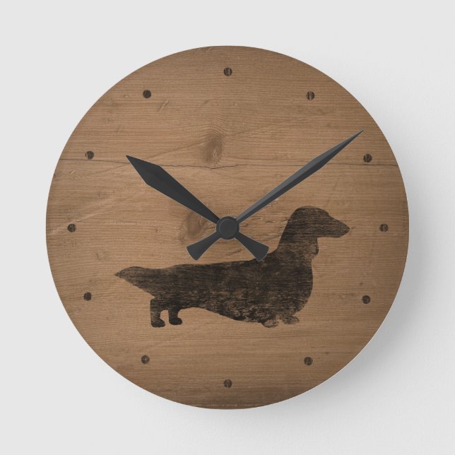 Long Haired Dachshund Silhouette Round Clock (Front)