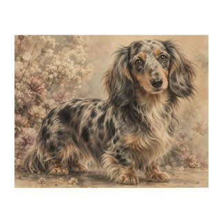 Long Haired Dapple Dachshund Watercolor Portrait | Wood Wall Art
