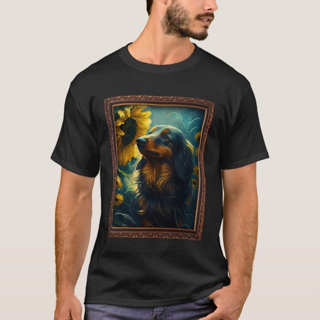 Long Haired Doxie Dachshund Painting Sunflower Flo T-Shirt (Front)