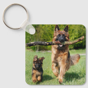 Long Haired Fluffy German Shepherd Dog and Puppy Keychain