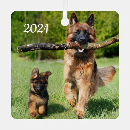 Long Haired Fluffy German Shepherd Dog and Puppy Metal Ornament