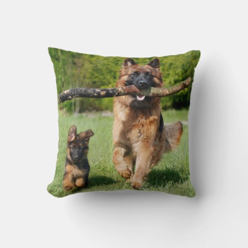 Long Haired Fluffy German Shepherd Dog and Puppy Throw Pillow