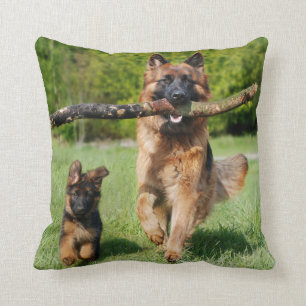 Long Haired Fluffy German Shepherd Dog and Puppy Throw Pillow
