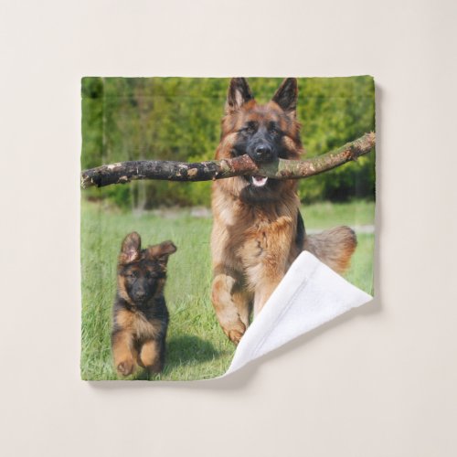 Long Haired Fluffy German Shepherd Dog and Puppy Wash Cloth