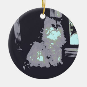 Long-haired Gray Kitty Cat Ceramic Ornament