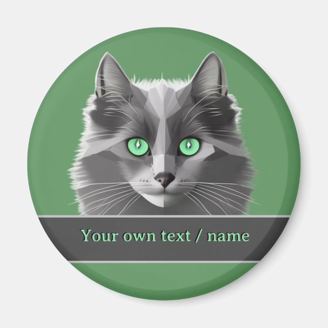Long-haired Gray Kitty - Green-eyed Cat Face Magnet (Front)