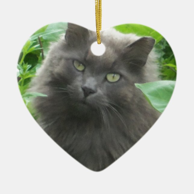 Long Haired Gray Russian Blue Cat Ceramic Ornament (Front)