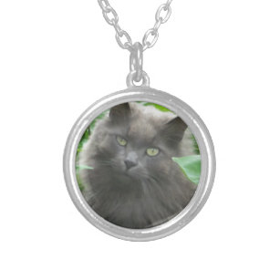 Long Haired Gray Russian Blue Cat Silver Plated Necklace