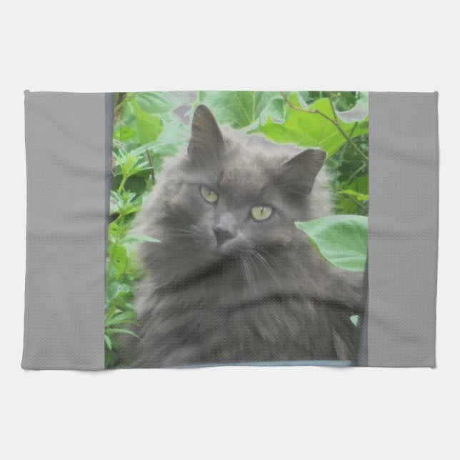 Long Haired Gray Russian Blue Cat Towel (Horizontal)