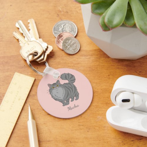 Long Haired Gray Tabby Cat Mom Personalized Keychain