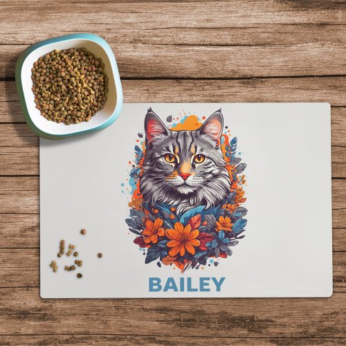 Long Haired Gray Tabby  Flowers Cat Food Mat