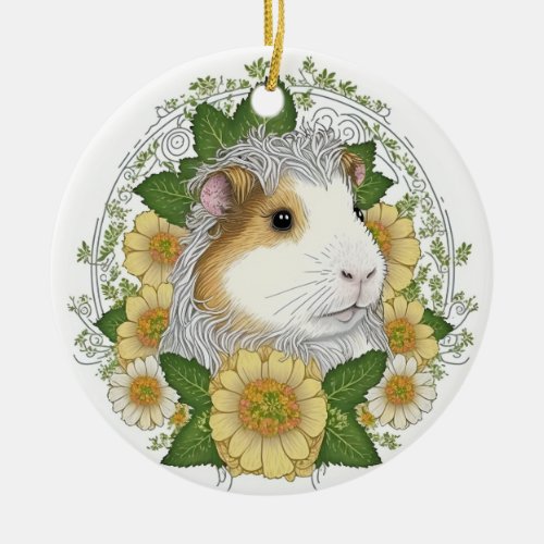 Long haired guinea pig and Flowers Ceramic Ornament