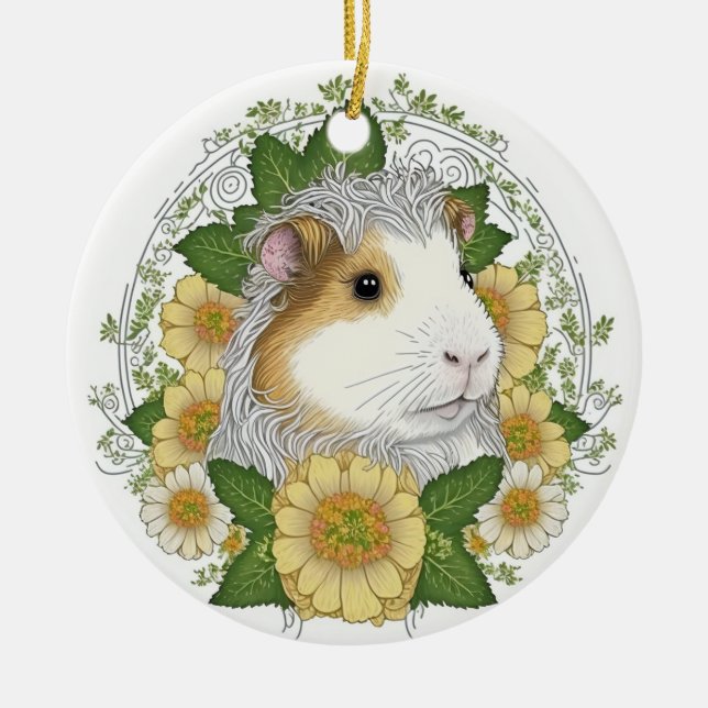 Long haired guinea pig and Flowers Ceramic Ornament (Front)