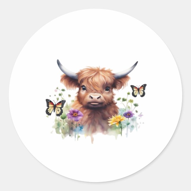 Long Haired Highland Baby Cow Classic T-Shirt Round Sticker (Front)