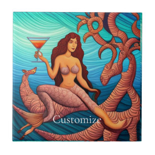 Long-haired Martini Mermaid Thunder_Cove Ceramic Tile