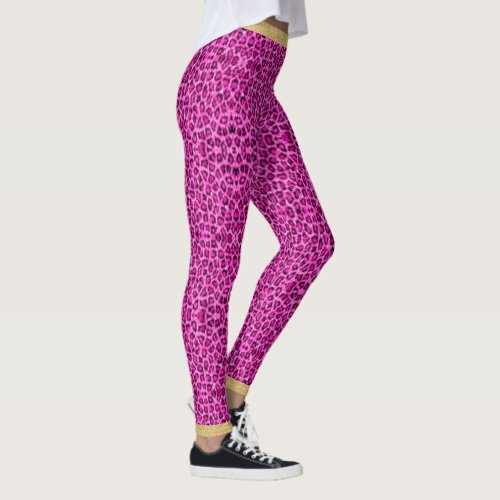 Long Haired Pink Leopard Skin Print Gold Glitter Leggings