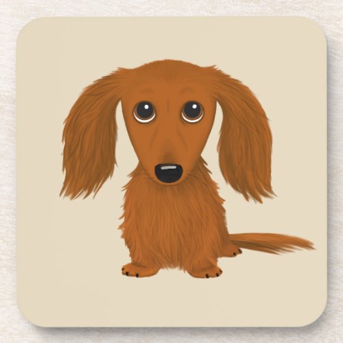 Long Haired Red Dachshund  Cute Doxie Cartoon Dog Beverage Coaster
