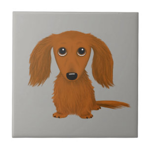 Long Haired Red Dachshund Cute Doxie Cartoon Dog Ceramic Tile