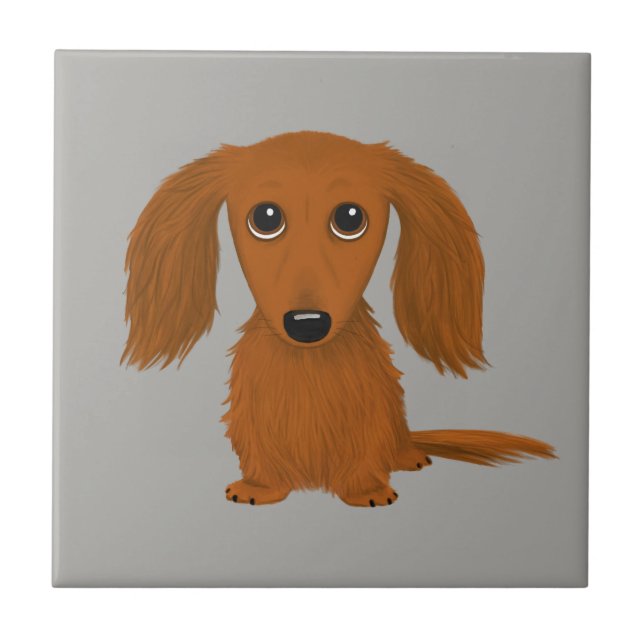 Long Haired Red Dachshund | Cute Doxie Cartoon Dog Ceramic Tile (Front)