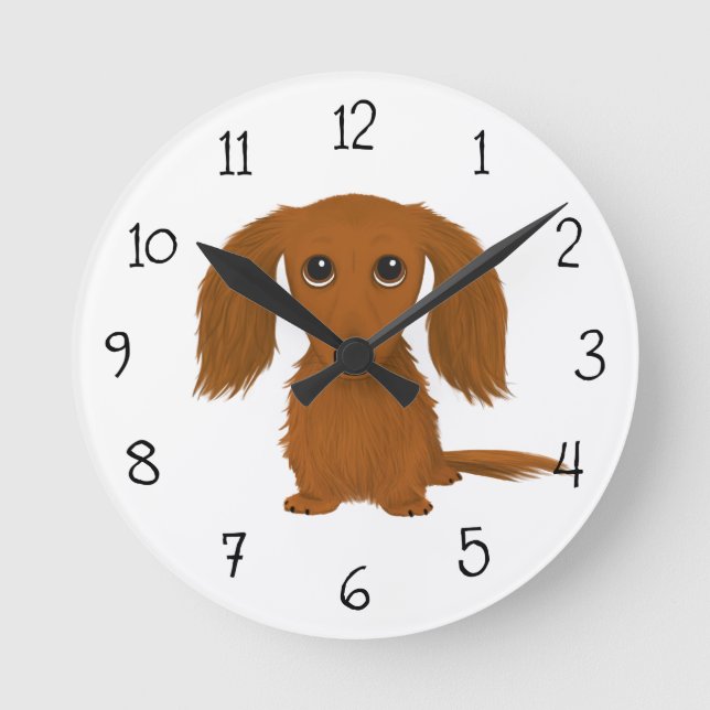 Long Haired Red Dachshund | Cute Doxie Cartoon Dog Round Clock (Front)