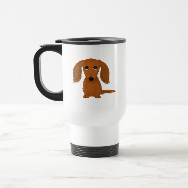 Long Haired Red Dachshund | Cute Doxie Cartoon Dog Travel Mug (Left)