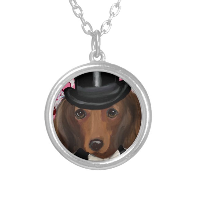 Long Haired Red Doxie Silver Plated Necklace (Front)