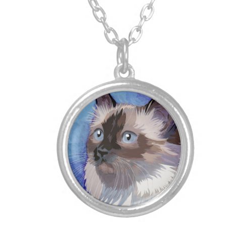 Long_haired Siamese Himalayan Cat Silver Plated Necklace