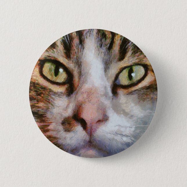 Long Haired Tabby Cat Close Up Portrait Button (Front)