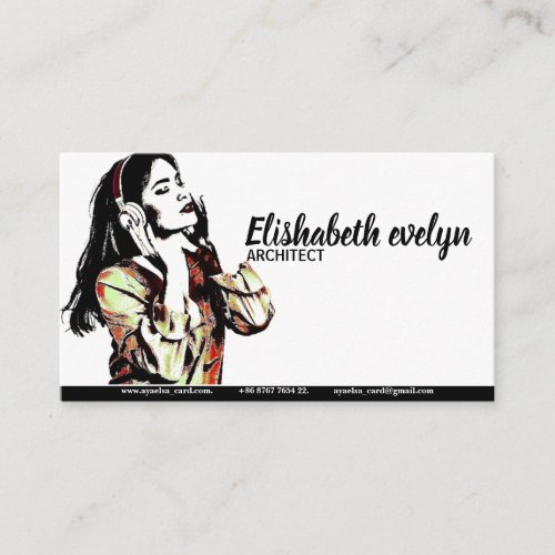Long_haired woman in bright blouse and white business card