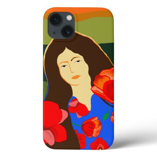 Long haired woman walking in poppy field iPhone 13 case
