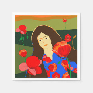 Long haired woman walking in poppy field  napkins