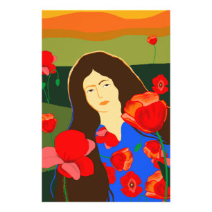Long haired woman walking in red poppy field photo print