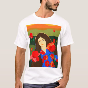 Long haired woman walking in red poppy field T-Shirt