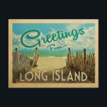 Long Island Beach Vintage Travel Postcard<br><div class="desc">This Greetings From Long Island vintage postcard design features a sandy beach with a beautiful turquoise ocean water and above the sea,  a blue sky with billowy white clouds. In vintage travels style.</div>