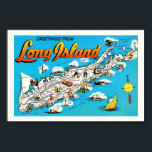 Long Island Greeting Map 6x4 Print<br><div class="desc">Colorfully illustrated,  vintage map of Long Island,  New York.  It's an old postcard repurposed!</div>