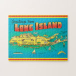 Long Island Greeting Postcard Puzzle<br><div class="desc">A very old,  vintage,  colorful postcard map of Long Island,  New York. This vintage illustration is a  perfect accessory for a beach house cottage and it makes such a great gift.</div>