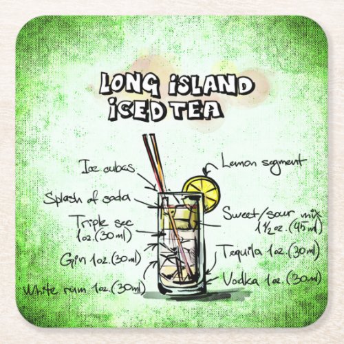 Long Island Iced Tea Drink Recipe Square Paper Coaster