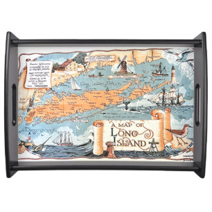 Long Island Illustrated Map Postcard Serving Tray